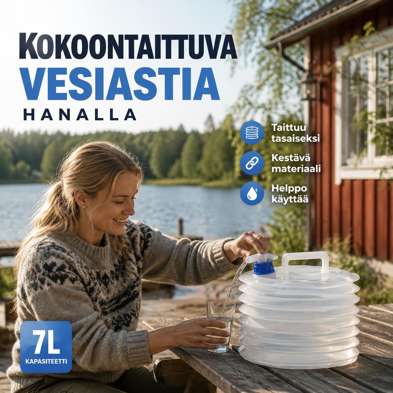 Kokoontaitettava vesisäiliö, jossa on hana