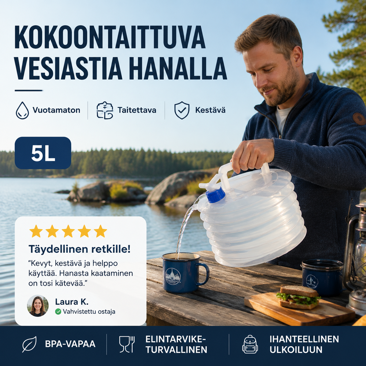 Kokoontaitettava vesisäiliö, jossa on hana