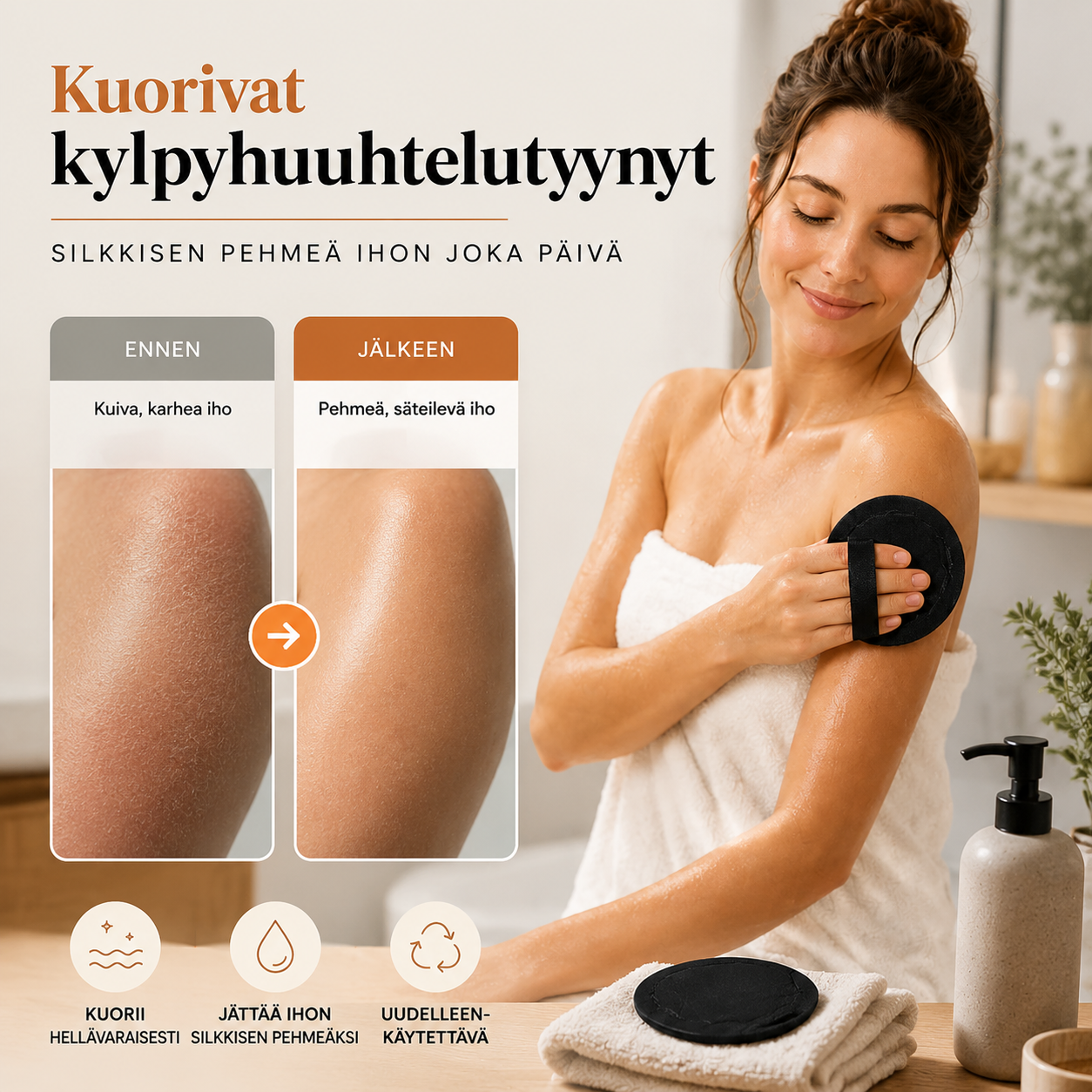 🧖‍♀️Kuorivat kylpyhuuhtelutyynyt – Kuorivat hellästi, puhdistavat ihohuokoset ja paljastavat kirkkaamman ihon. Kestävä kumi, helppo huuhtoa. ✨🛀