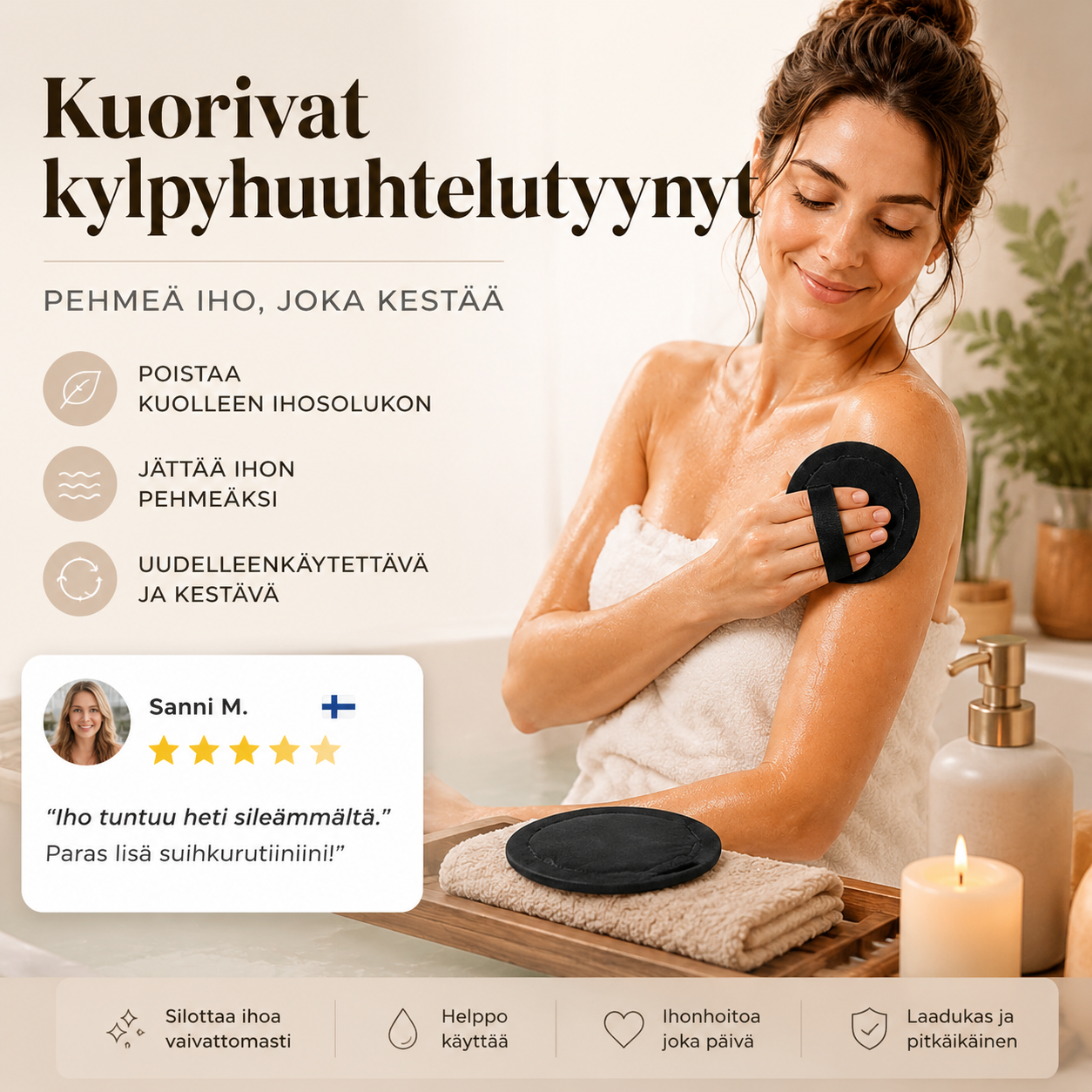🧖‍♀️Kuorivat kylpyhuuhtelutyynyt – Kuorivat hellästi, puhdistavat ihohuokoset ja paljastavat kirkkaamman ihon. Kestävä kumi, helppo huuhtoa. ✨🛀