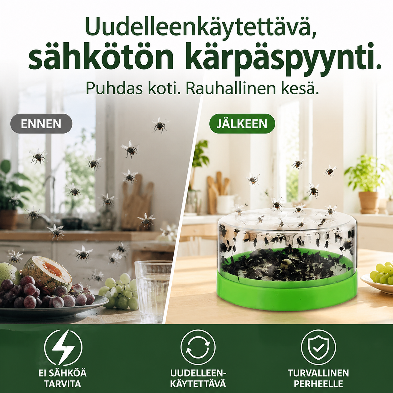Uudelleenkäytettävä, sähkötön kärpäspyynti