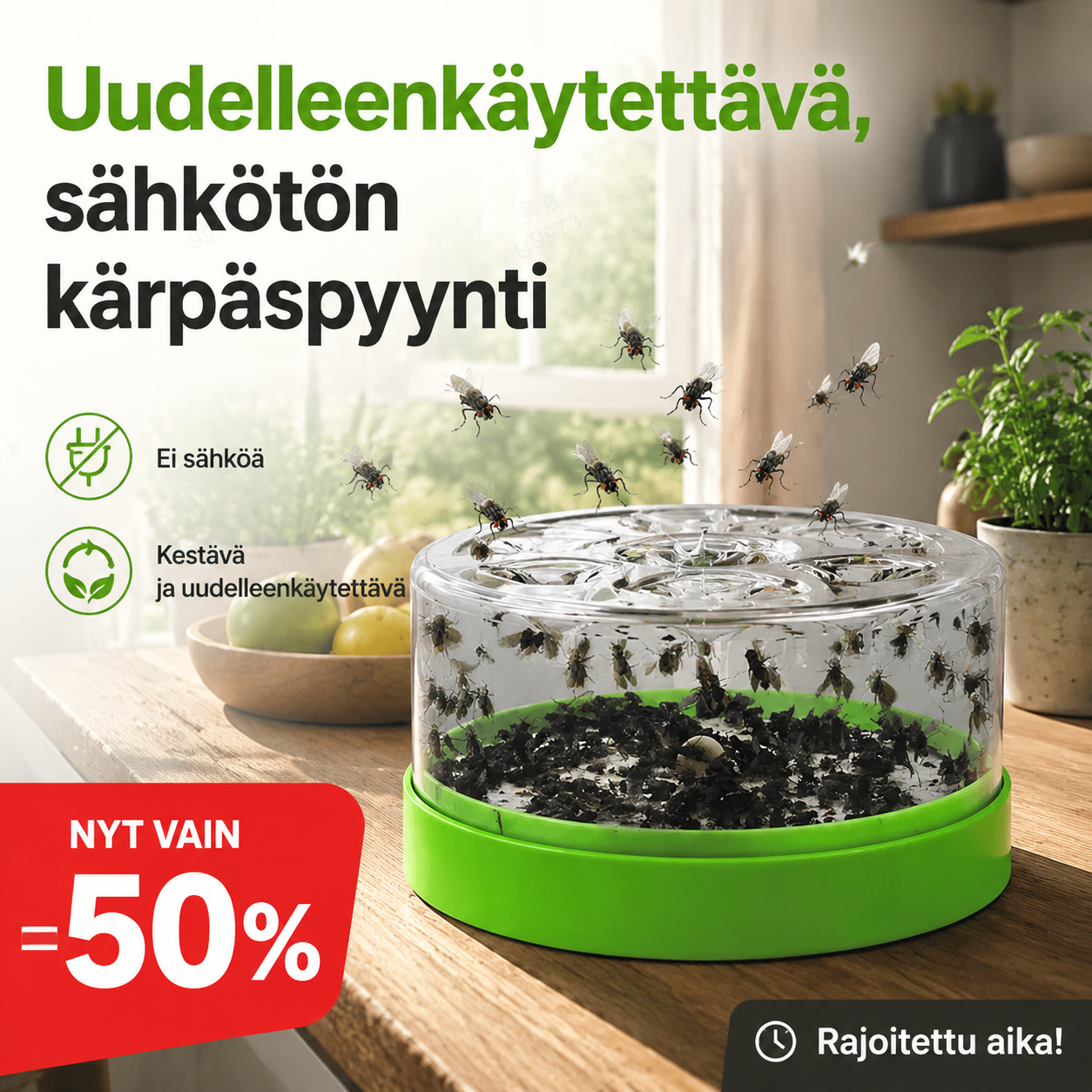 Uudelleenkäytettävä, sähkötön kärpäspyynti