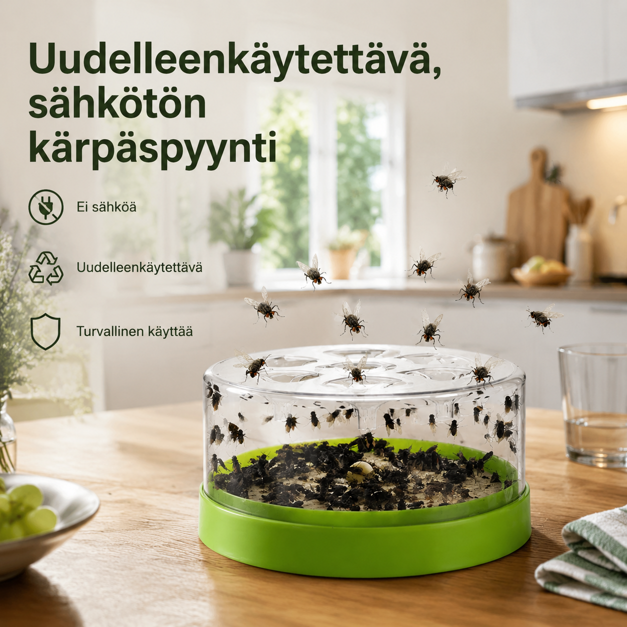 Uudelleenkäytettävä, sähkötön kärpäspyynti