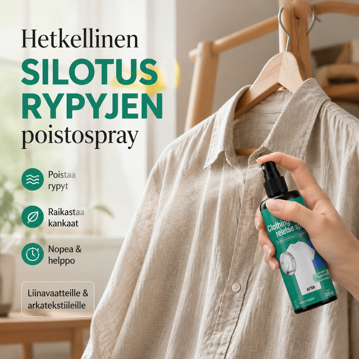 Hetkellinen silotusryppyjenpoistospray
