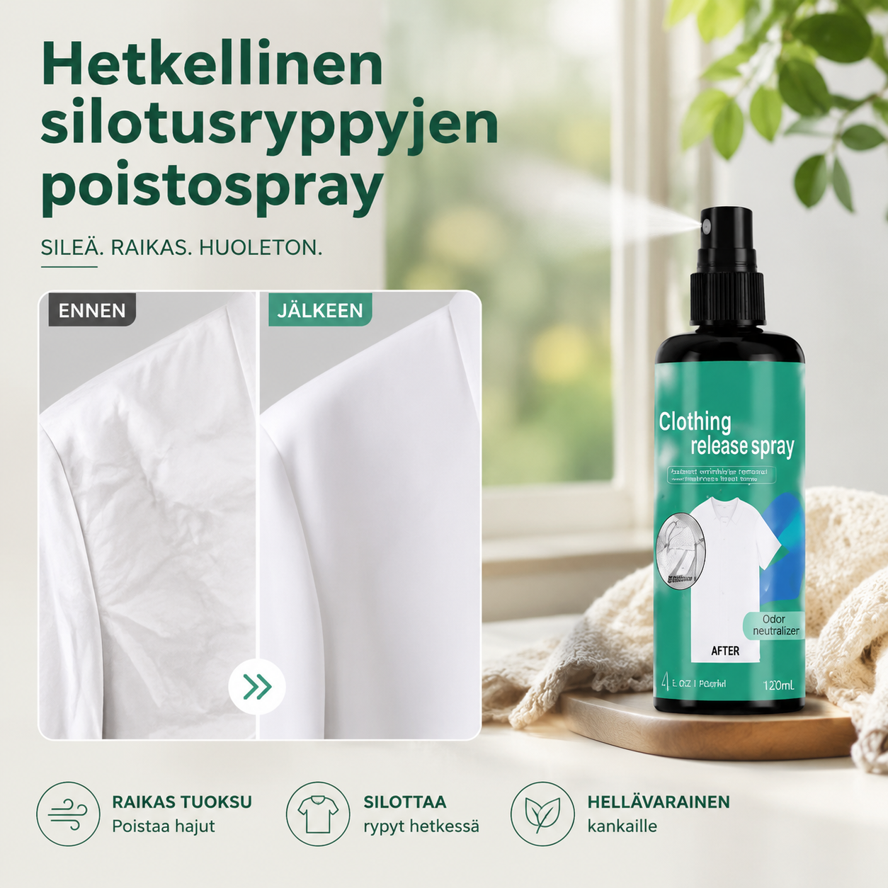Hetkellinen silotusryppyjenpoistospray