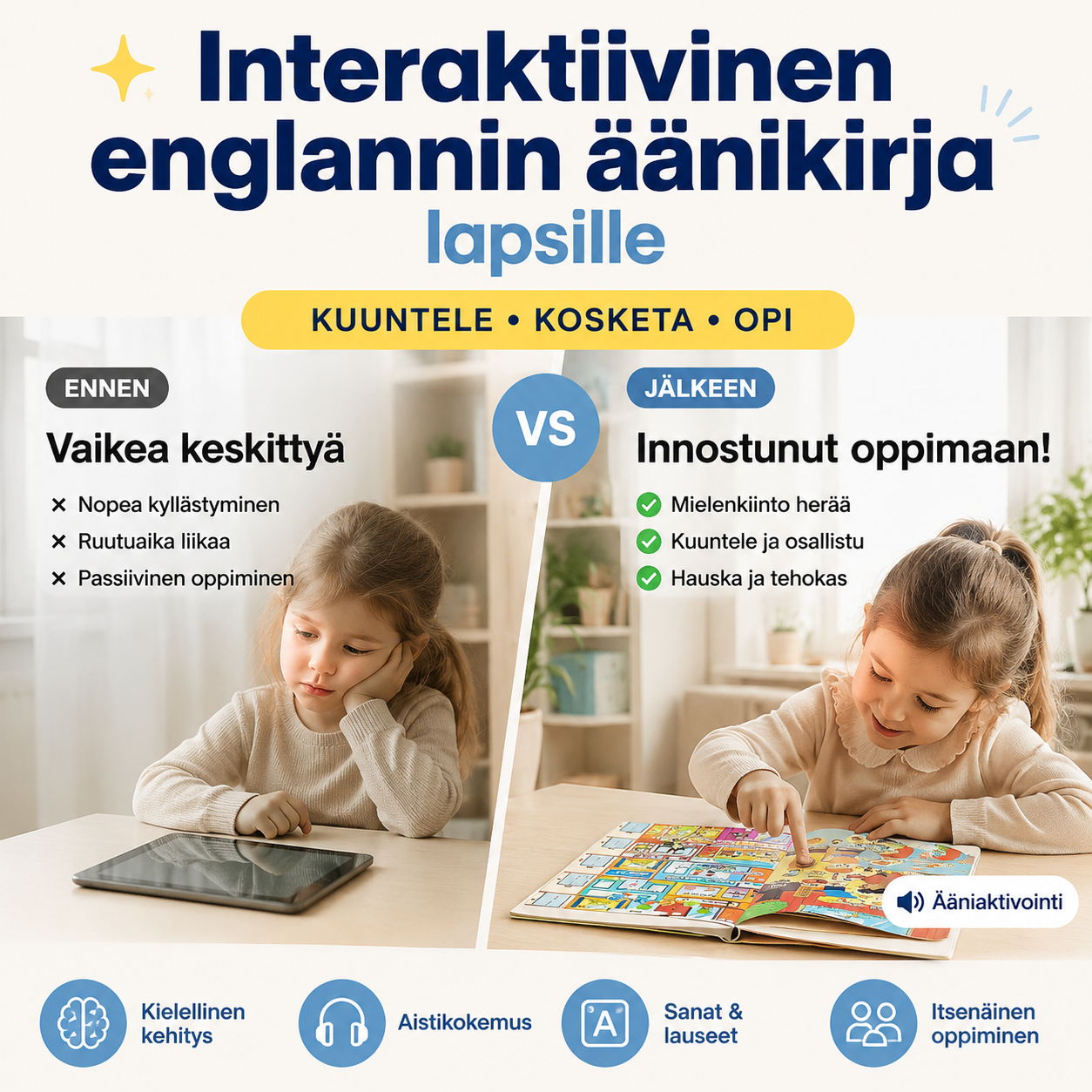 Interaktiivinen englannin oppimisen äänikirja lapsille