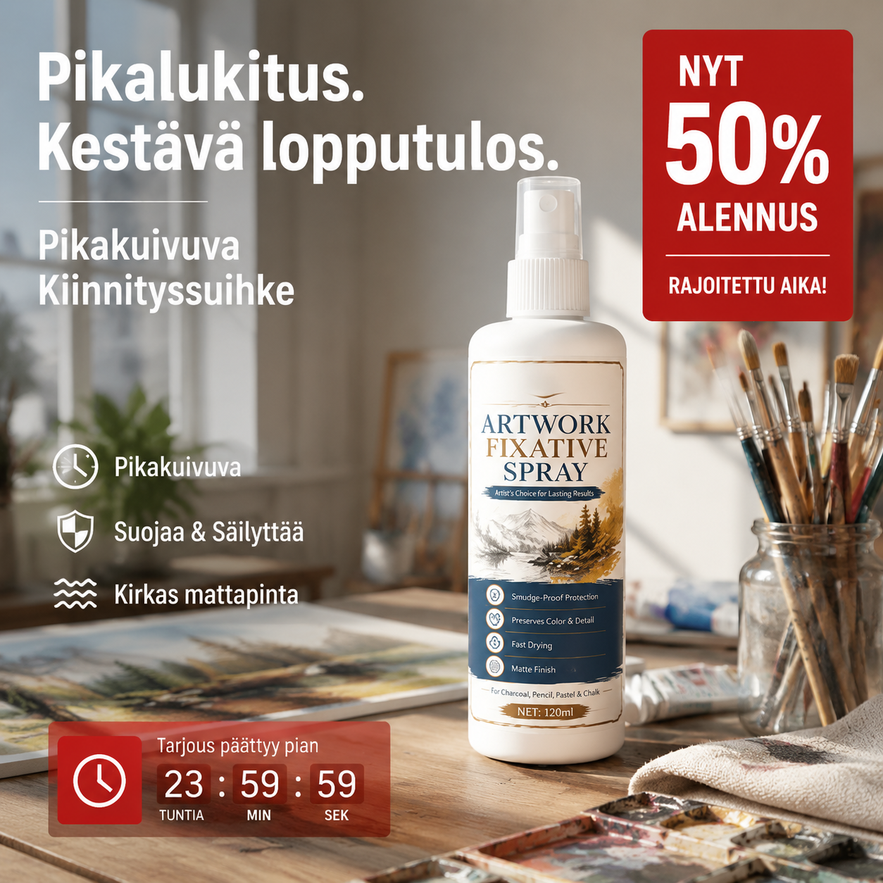 🥳2026:N SUOSITUIN TUOTE🥳💞YLI 50 000 KAPPALETTA MYYTY!🎨🖌️ 50 % ALENNUS! Nopeasti kuivuva kiinnityssuihke – Estää hiili- ja pastellivärien tahriintumisen. Erittäin hieno sumu, ei tipu. Mattapintainen, värit säilyvät alkuperäisinä! 🛡️✨