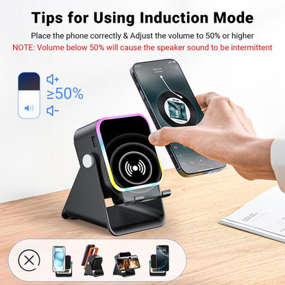 🔥Rajoitettu 50 %:n alennus!🔥 5-in-1 langaton Bluetooth-kaiutin induktio-ominaisuudella ja säädettävällä matkapuhelintelineellä