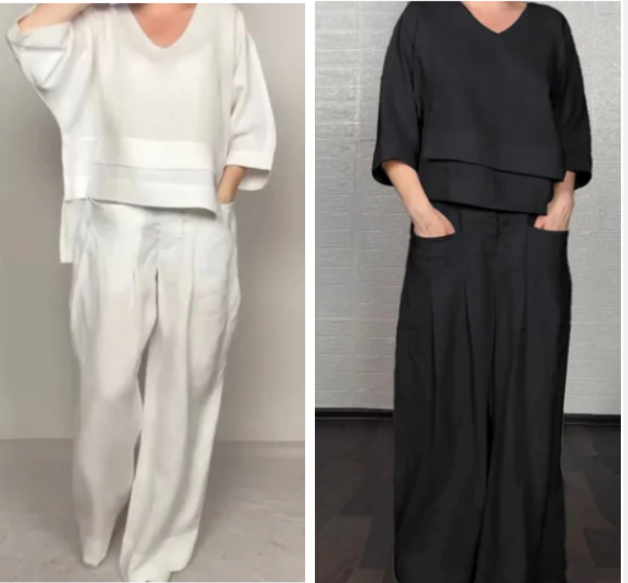 💎 2-osainen puuvilla-pellavakangasinen setti, jossa on epäsäännöllinen helma – V-kaula-aukkoinen yläosa + leveälahkeiset housut, hengittävä ja vaivattomasti tyylikäs 🍂👚