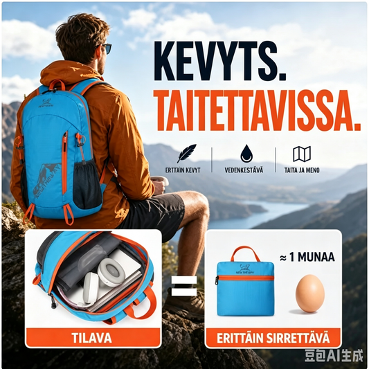 🔥🎁 2+1 ILMAISEKSI!!🥳 💞 YLI 50 000 KAPPALETTA MYYTY! ⚡🎒 Taitettava, vedenpitävä retkeilyreppu