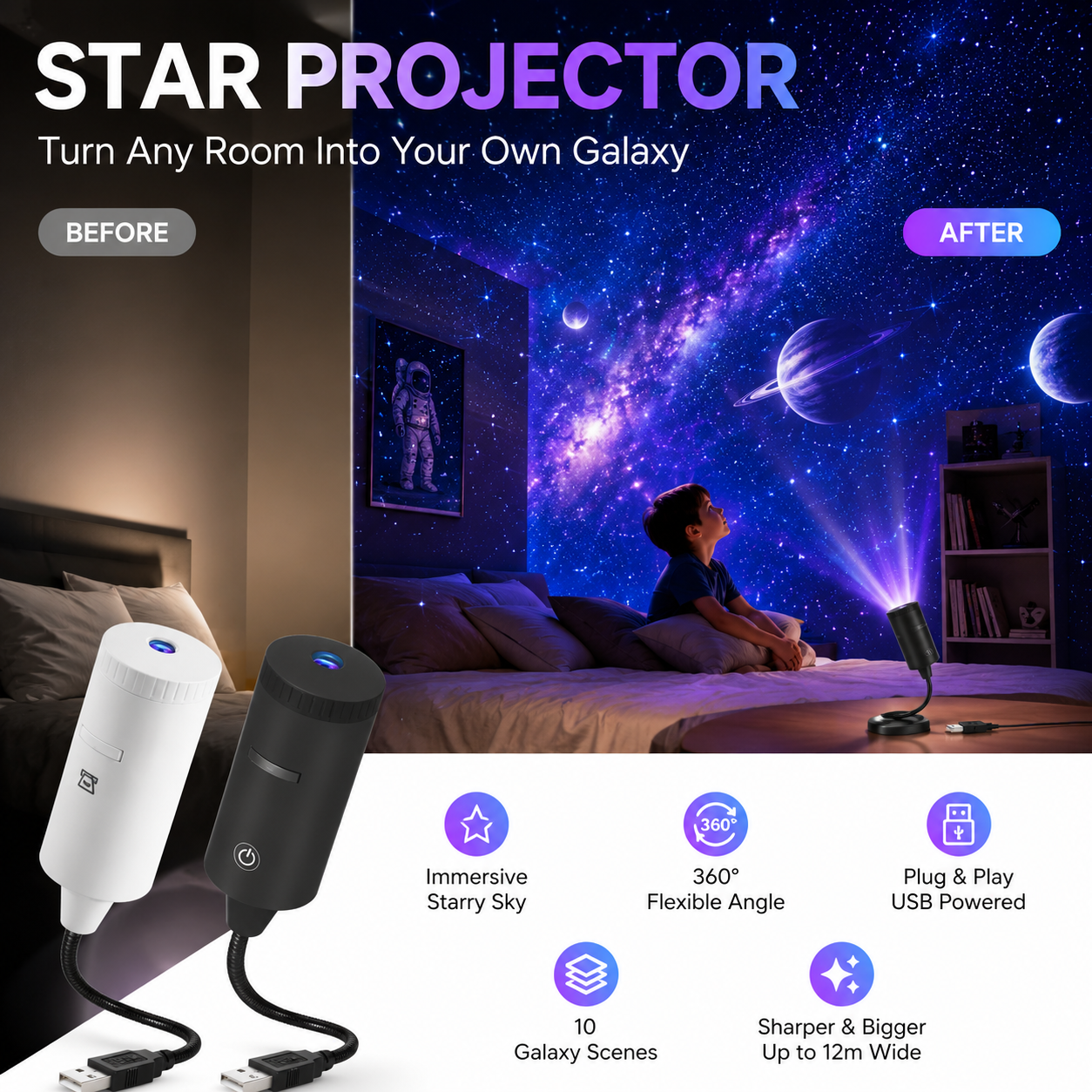 🌌🌙 USB-yövalo: Galaxy Moon -kuuprojektori – pyörivä tähtitaivas, rauhoittava nukkumistunnelma – maksa toimituksen yhteydessä ✨✅