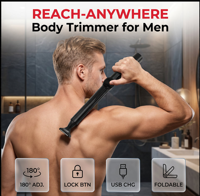 Reach-Anywhere-vartalotrimmeri – Jatkovarsi, tarkkuuspäät. Trimmää selkä, rinta ja jalat itse – apua ei tarvita! 🧔✨