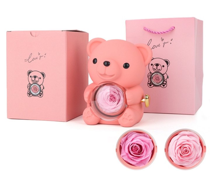 ⏰🌹 Yllätysale Ystävänpäivänä -57% ALENNUS!! 💝 Söpö turkinpeppuroitu ruusuinen nalle -- Kaulakoru 📿 + Ikipuinen ruusu 🌹 + Nallekarhu 🧸
