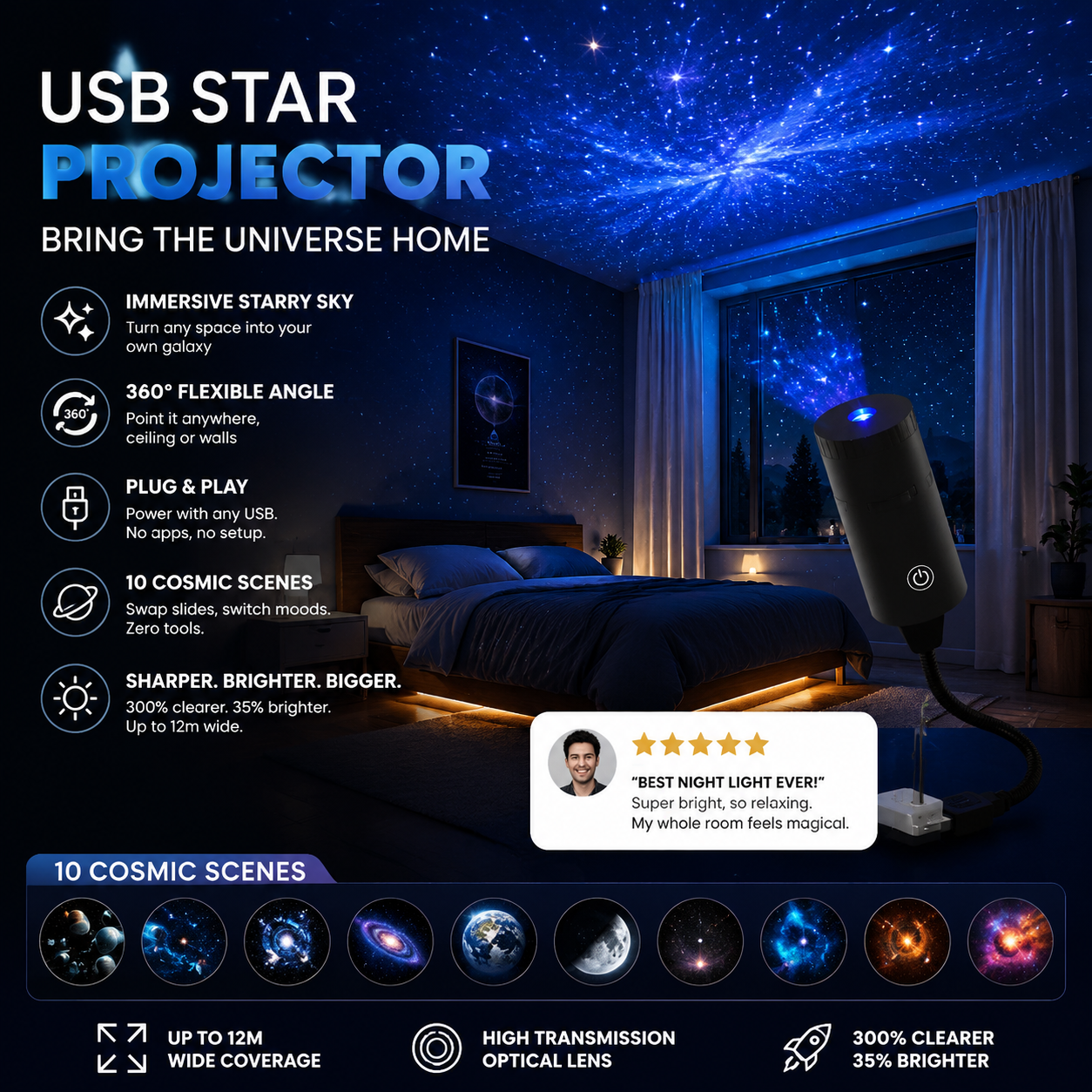 🌌🌙 USB-yövalo: Galaxy Moon -kuuprojektori – pyörivä tähtitaivas, rauhoittava nukkumistunnelma – maksa toimituksen yhteydessä ✨✅