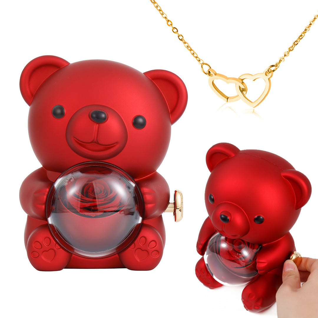 ⏰🌹 Yllätysale Ystävänpäivänä -57% ALENNUS!! 💝 Söpö turkinpeppuroitu ruusuinen nalle -- Kaulakoru 📿 + Ikipuinen ruusu 🌹 + Nallekarhu 🧸