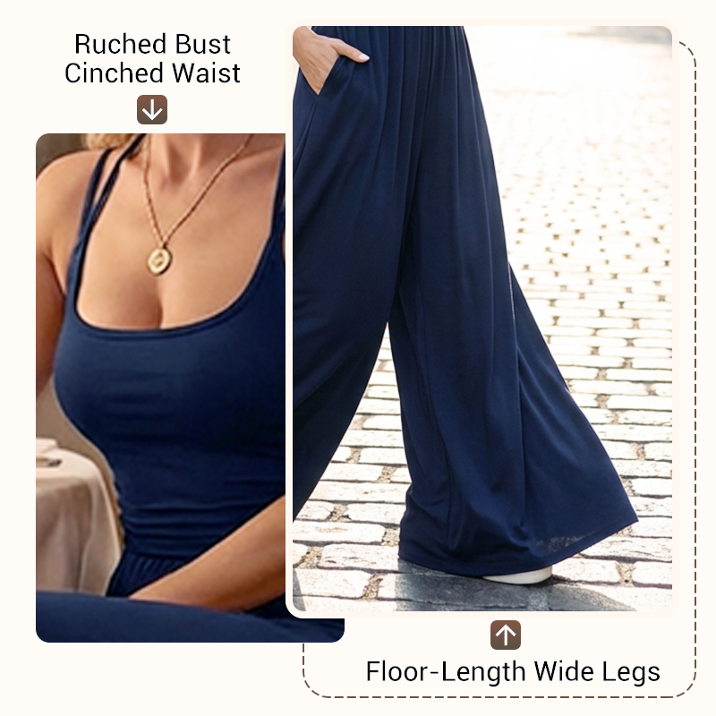 💎 60% OFF! 💎 Women's Casual Spaghetti Strap Jumpsuit – Criss-Cross Back, Ruched Bodice & Flowy Wide-Leg Silhouette 💃🌴