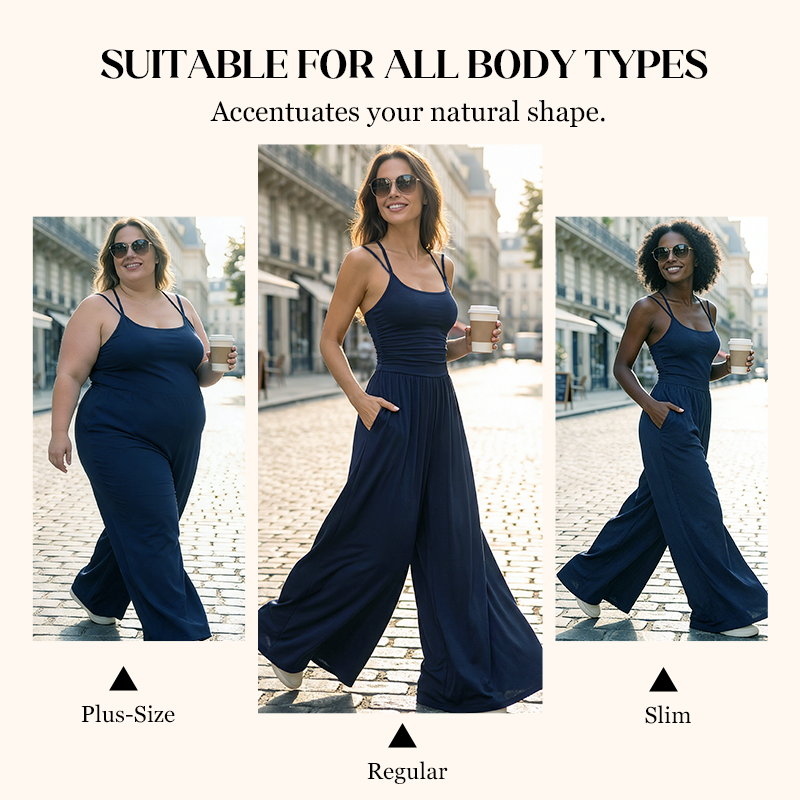 💎 60% OFF! 💎 Women's Casual Spaghetti Strap Jumpsuit – Criss-Cross Back, Ruched Bodice & Flowy Wide-Leg Silhouette 💃🌴