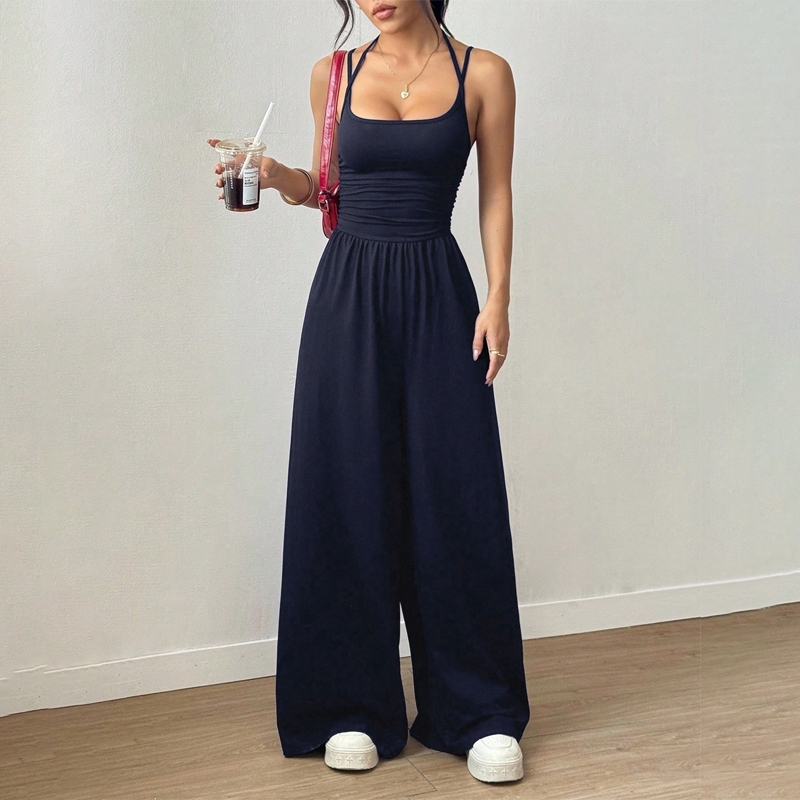 💎 60% OFF! 💎 Women's Casual Spaghetti Strap Jumpsuit – Criss-Cross Back, Ruched Bodice & Flowy Wide-Leg Silhouette 💃🌴