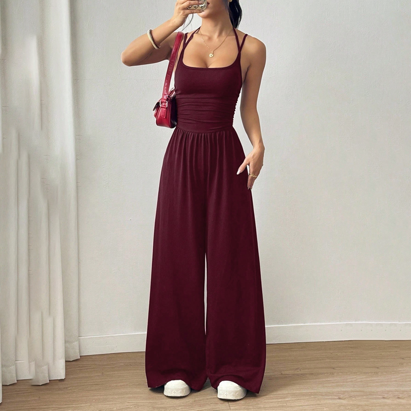 💎 60% OFF! 💎 Women's Casual Spaghetti Strap Jumpsuit – Criss-Cross Back, Ruched Bodice & Flowy Wide-Leg Silhouette 💃🌴