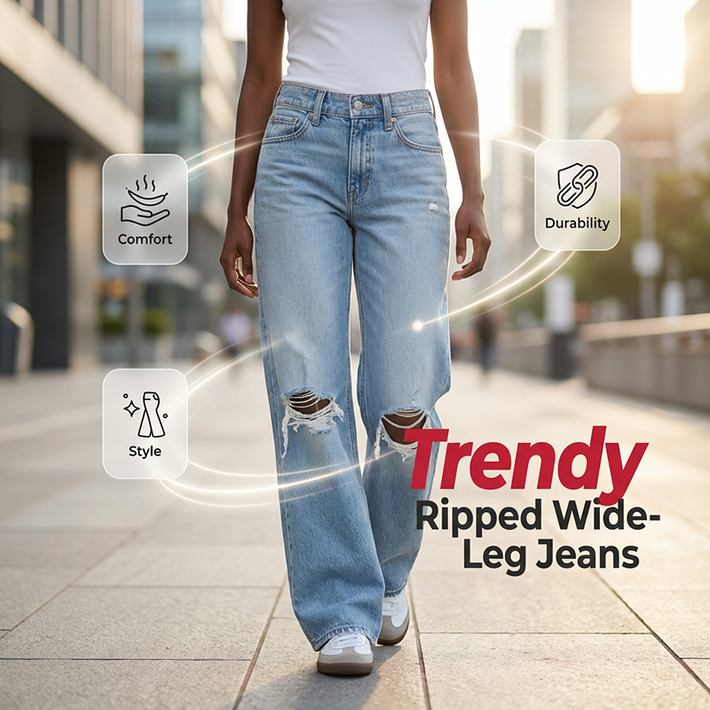 Women's Casual Ripped Wide-Leg Jeans