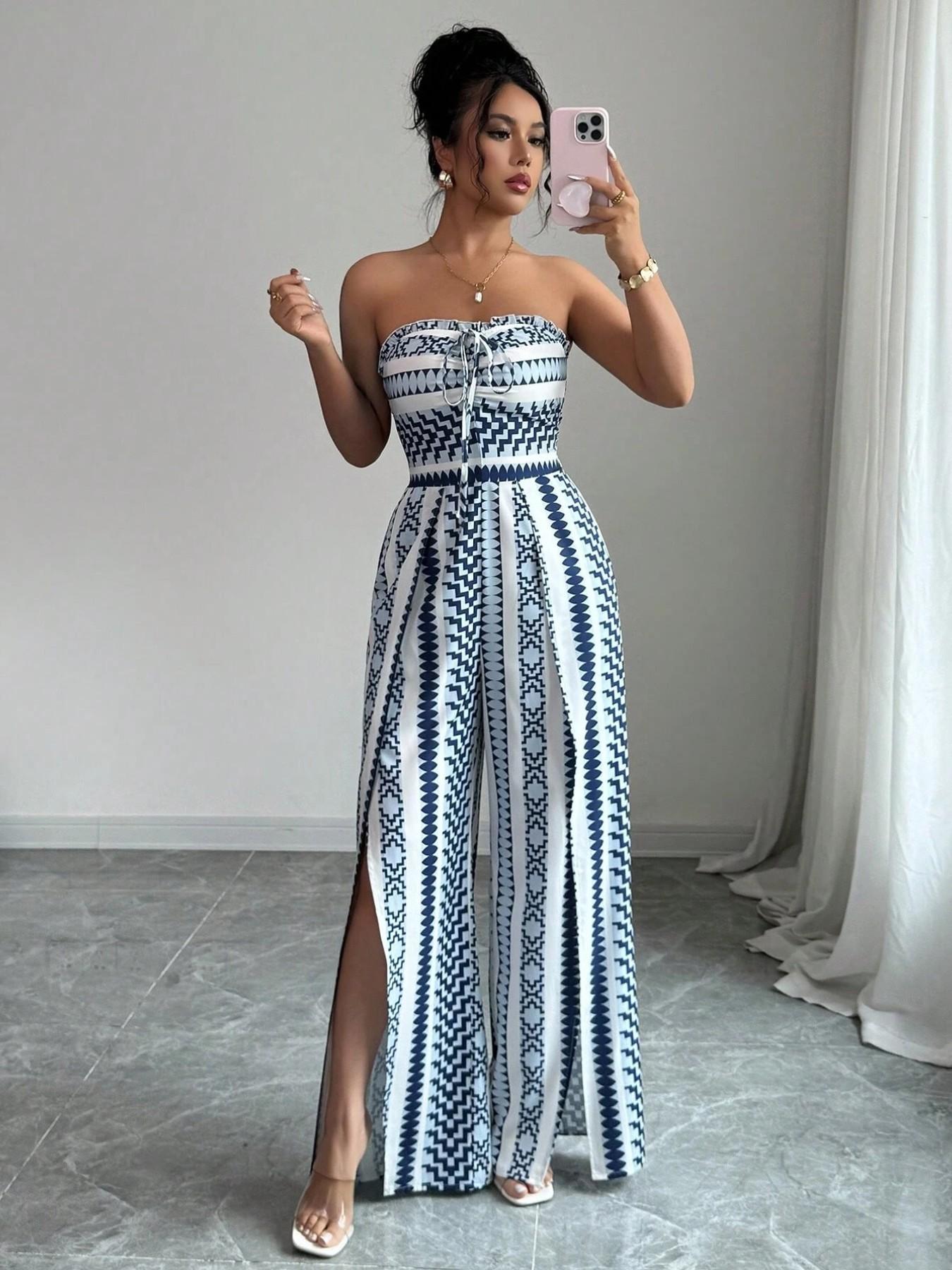 👗💙 Geometrinen haalari, jossa on halterneck-kaula-aukko ja sivuhalkiot!