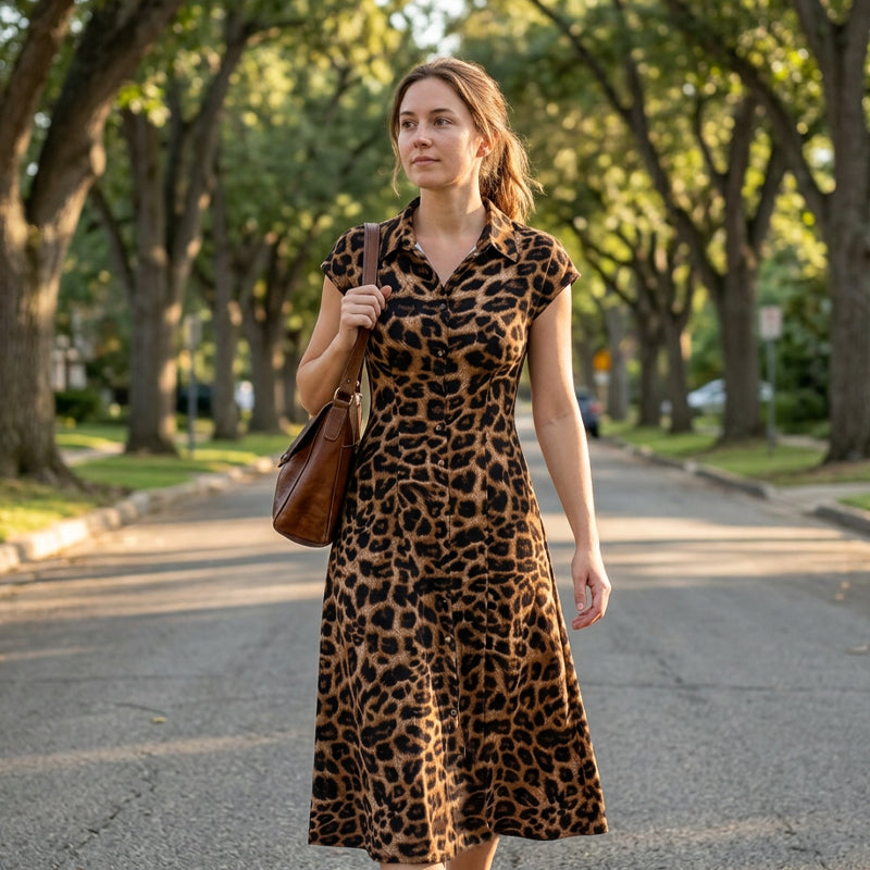👗🐆 50 % ALENNUS! Tyylikäs naisten mekko leopardikuvioinnilla ja käänteisellä kauluksella – tyylikäs, vartaloa korostava ja täydellinen toimistoon, illalliselle ja juhlatilaisuuksiin ✨