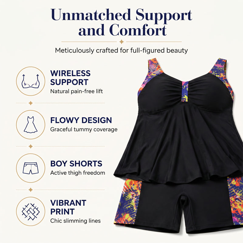 Naisten väljä tankini-toppi ja shortsit -uimapuku – vatsanmuotoilu, boyshortsit, tukeva ✨