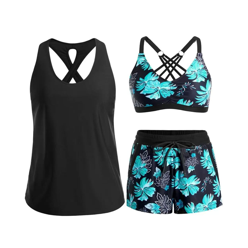 🌸 -50 %! 🦋 Tyylikäs 3-osainen tankini-asukokonaisuus – imarteleva leikkaus, trendikäs trooppinen kuosi ja ristikkäiset selkäosat – ihanteellinen rannalle ja uima-altaalle ✨