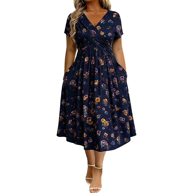 👗 -50% NYT! 💐Naisten V-pääntie kukallinen kierrevyötäröinen midimekko – sivutaskuilla, pehmeä virtaava rento kesämekko