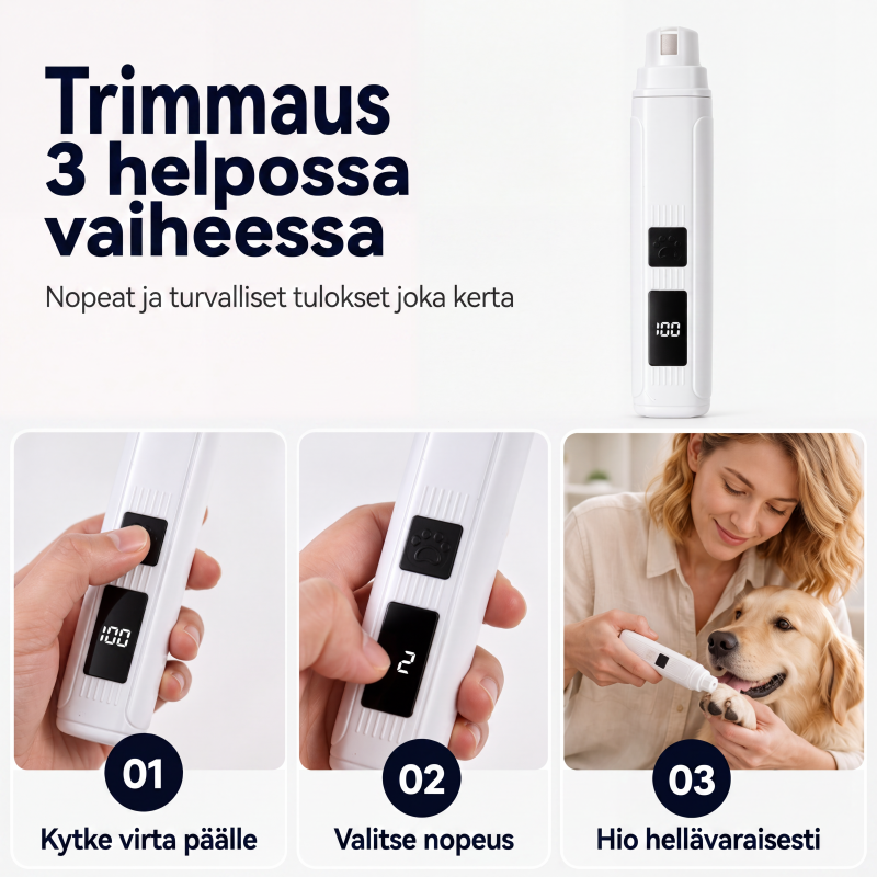 Sähkökäyttöinen lemmikkien kynsien hiomakone, jossa on LED-virran näyttö