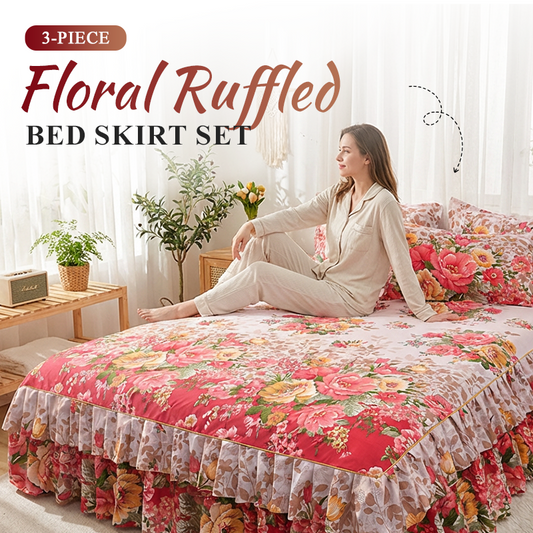 🌸 -50 %! 🛏️ 3-osainen sängynpohjan peite, kukkakuvio ja röyhelöt – tiheä puuvillaseos – 5 kokoa – sängynpeite + 2 tyynyliinaa makuuhuoneeseen 🌷