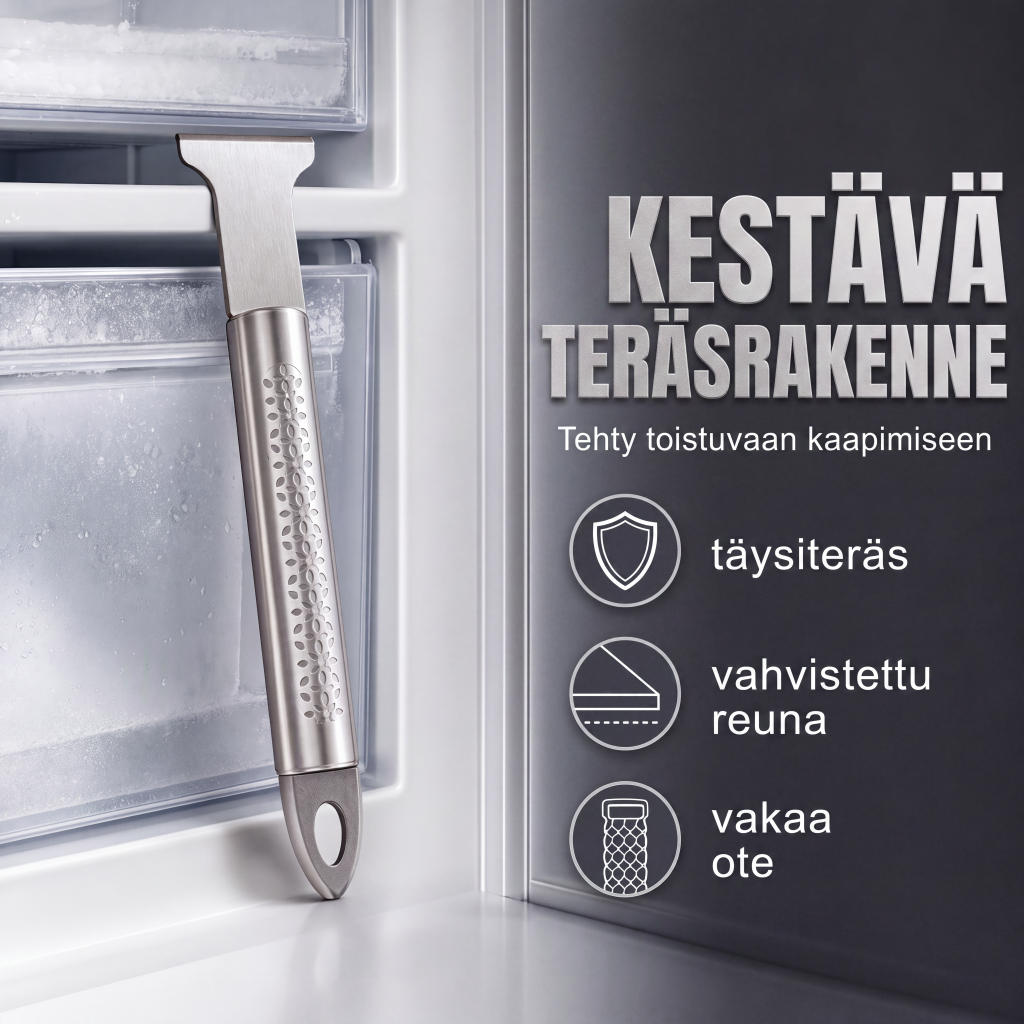 Ruostumattomasta teräksestä valmistettu jääkaapin jään raappaustyökalu