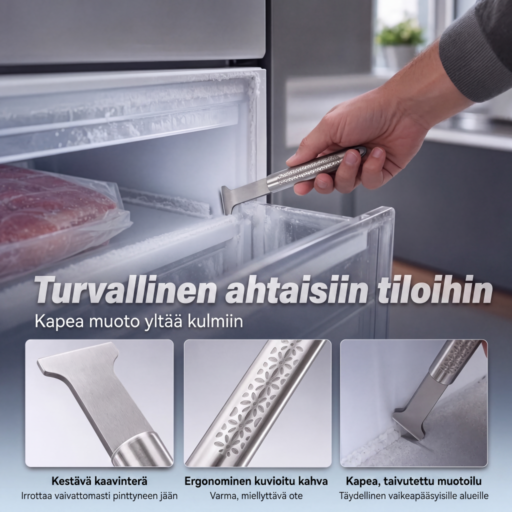 Ruostumattomasta teräksestä valmistettu jääkaapin jään raappaustyökalu