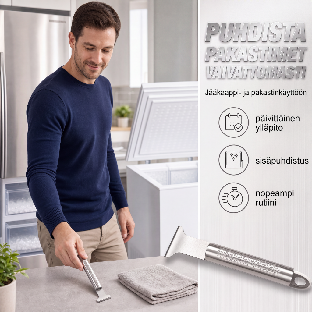 Ruostumattomasta teräksestä valmistettu jääkaapin jään raappaustyökalu