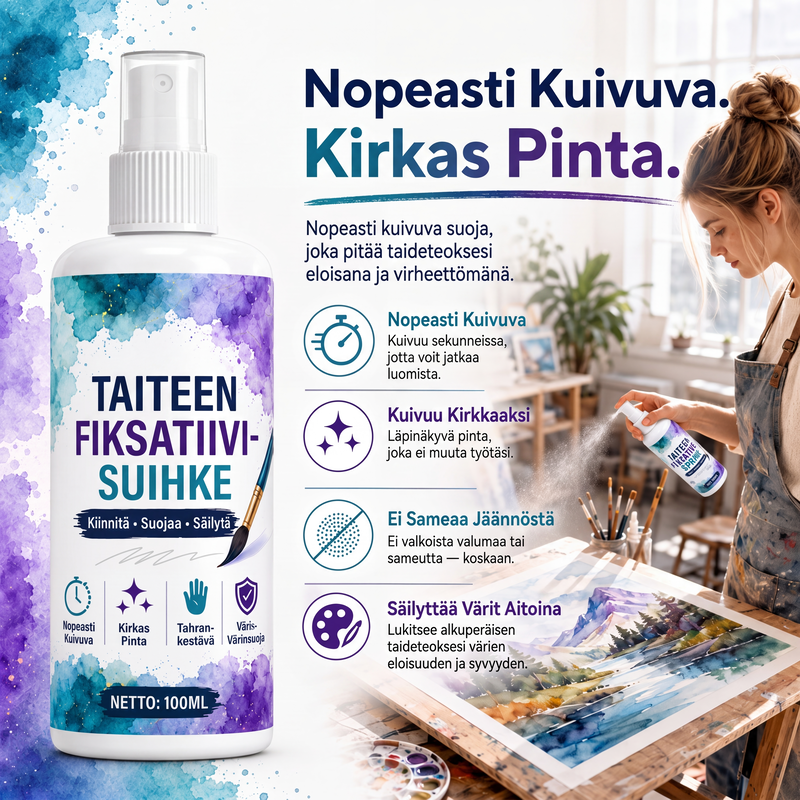 Nopeasti kuivuva, tahriintumaton taiteen kiinnityssuihke