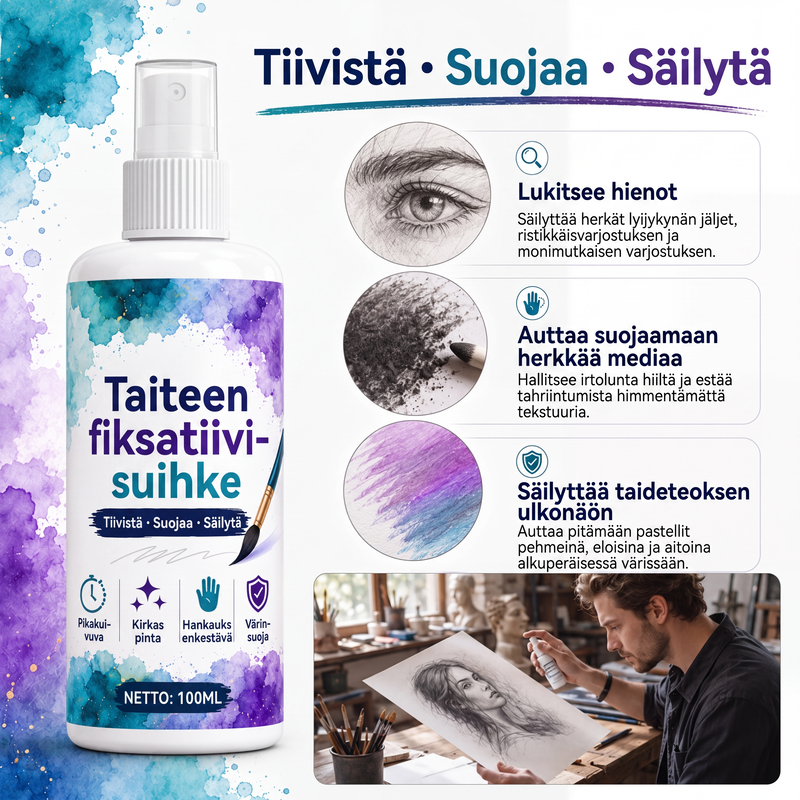 Nopeasti kuivuva, tahriintumaton taiteen kiinnityssuihke