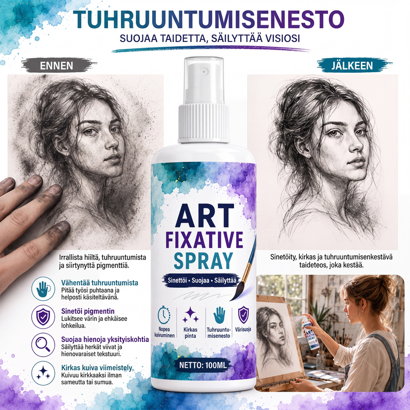 Nopeasti kuivuva, tahriintumaton taiteen kiinnityssuihke