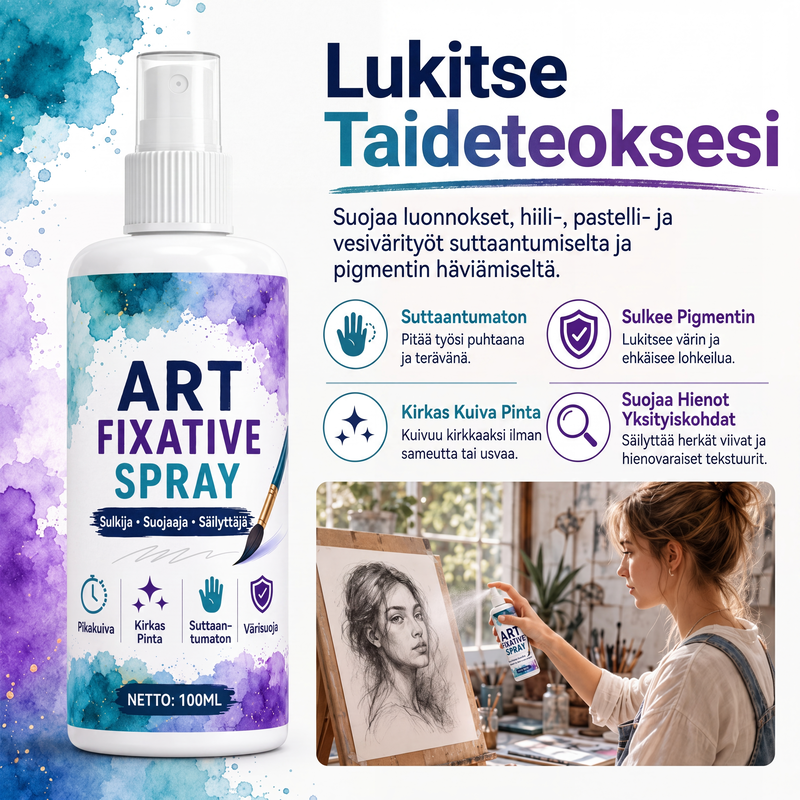 Nopeasti kuivuva, tahriintumaton taiteen kiinnityssuihke