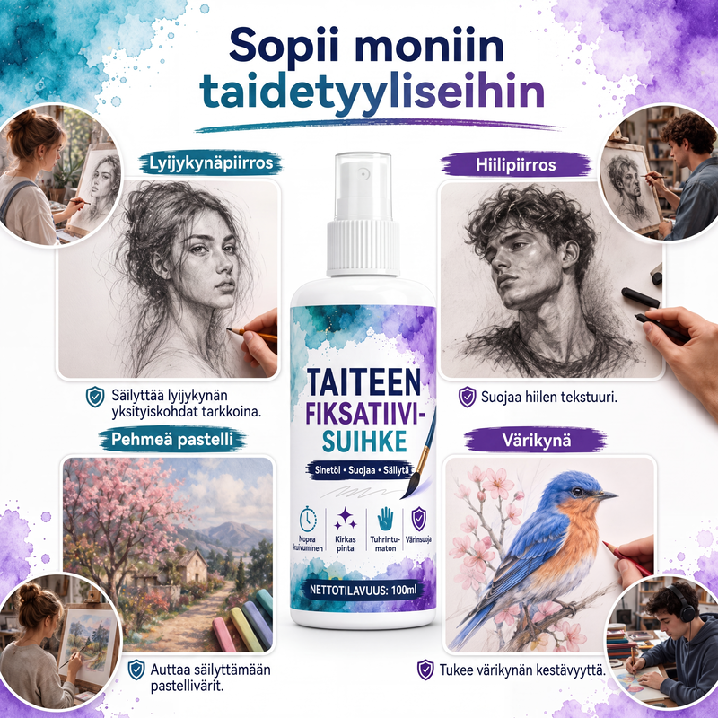 Nopeasti kuivuva, tahriintumaton taiteen kiinnityssuihke