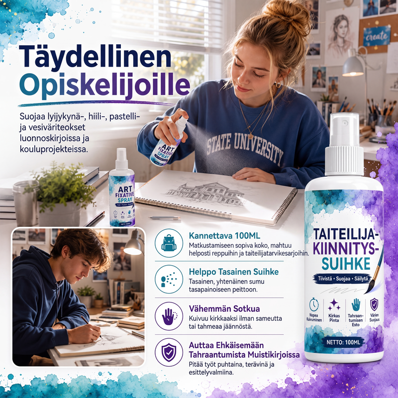 Nopeasti kuivuva, tahriintumaton taiteen kiinnityssuihke