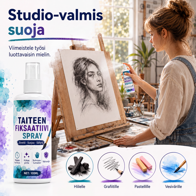 Nopeasti kuivuva, tahriintumaton taiteen kiinnityssuihke