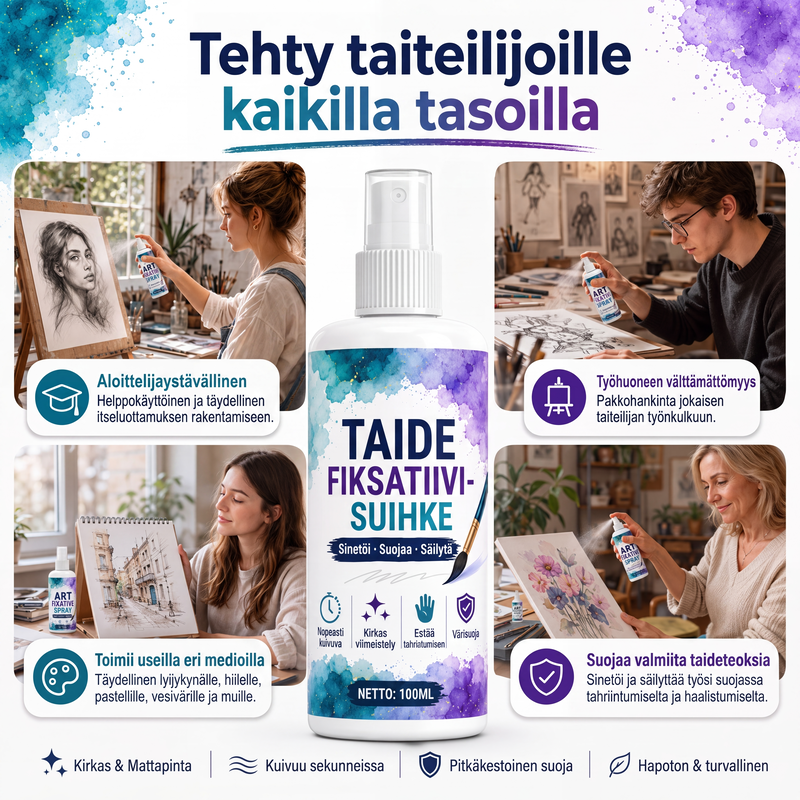 Nopeasti kuivuva, tahriintumaton taiteen kiinnityssuihke