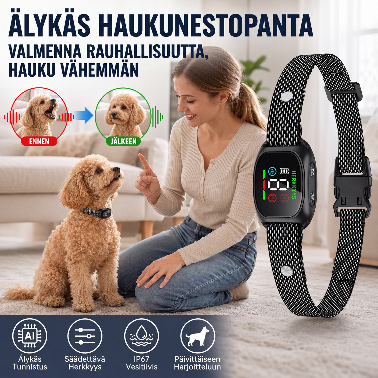 Älykäs koirien haukkumisen estävä kaulus