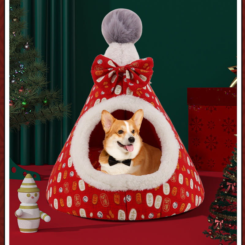 🎄 Halbgeschlossene Weihnachts-Höhle für Hunde & Katzen – Kuscheliges Winterbett mit weichem Plüsch, warm & schützend – perfektes Weihnachtsgeschenk für Haustiere