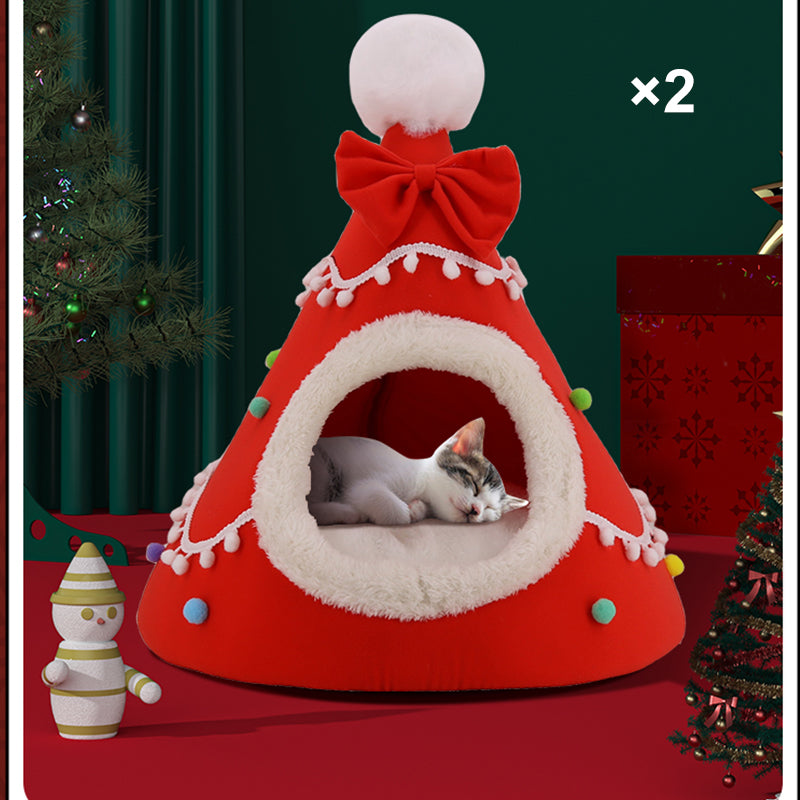 🎄 Halbgeschlossene Weihnachts-Höhle für Hunde & Katzen – Kuscheliges Winterbett mit weichem Plüsch, warm & schützend – perfektes Weihnachtsgeschenk für Haustiere