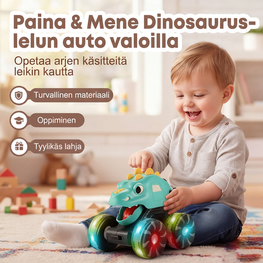 Painallus ja menoksi -dinosauruksen muotoinen leluauto valoilla