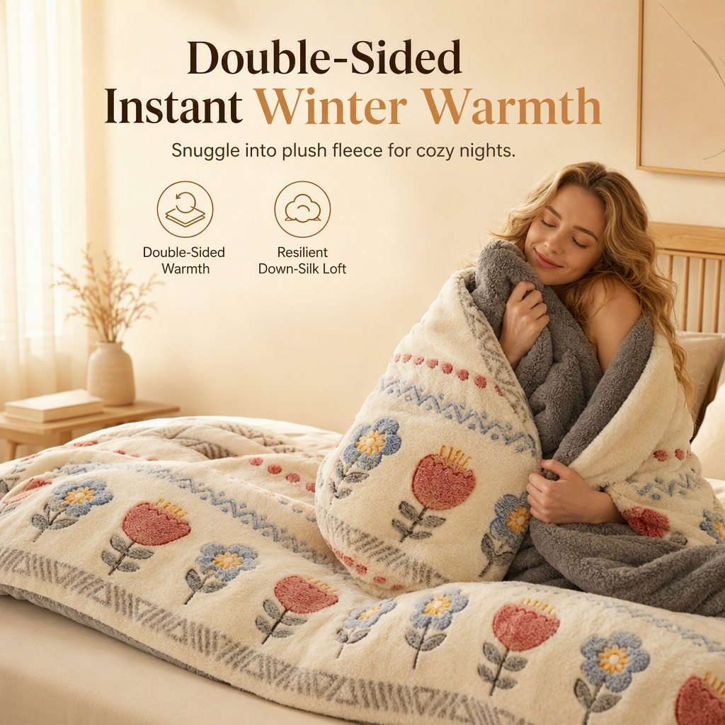 🛌 55% ALENNUS – VAIN RAJOITETUN AJAN! ✨ Kaksipuolinen sherpa-fleece-peitto – toisella puolella lumihiutalevelvet, toisella tiheä lampaanvilla. Lämmönlukitus, erittäin pehmeä tuntuma ja kestävä digitaalinen painatus. Täydellinen talven kylmiin iltoihin! ❄️