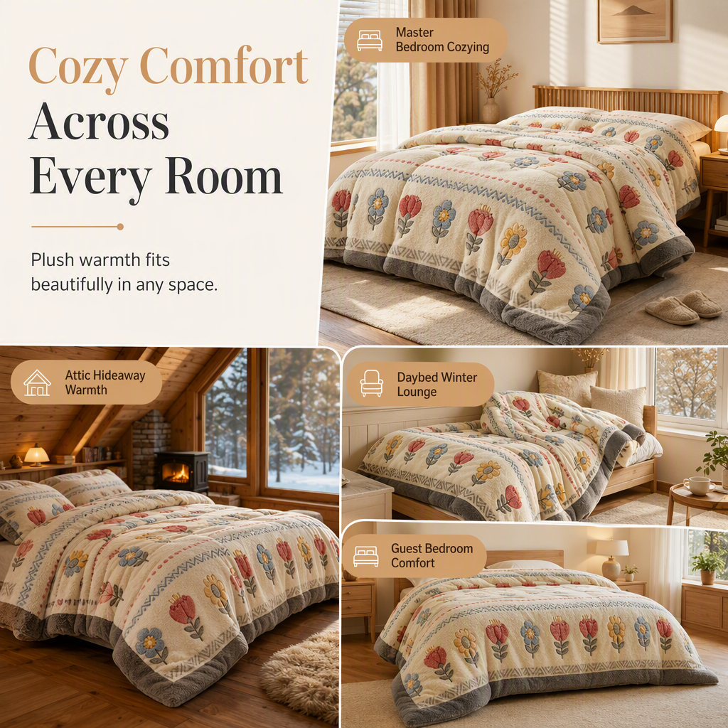 🛌 55% ALENNUS – VAIN RAJOITETUN AJAN! ✨ Kaksipuolinen sherpa-fleece-peitto – toisella puolella lumihiutalevelvet, toisella tiheä lampaanvilla. Lämmönlukitus, erittäin pehmeä tuntuma ja kestävä digitaalinen painatus. Täydellinen talven kylmiin iltoihin! ❄️