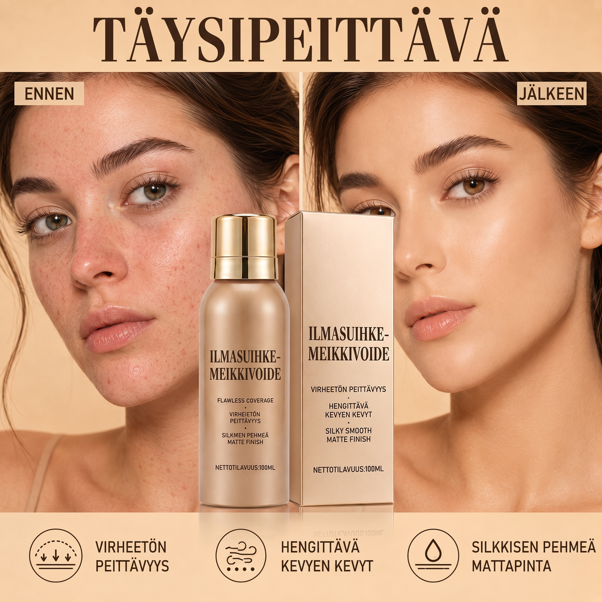 Vedenpitävä virheetön ilmasuihku-meikkivoide