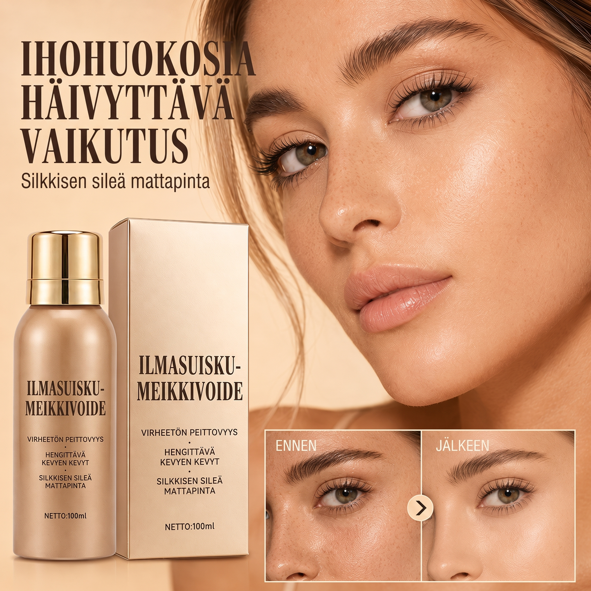 Vedenpitävä virheetön ilmasuihku-meikkivoide